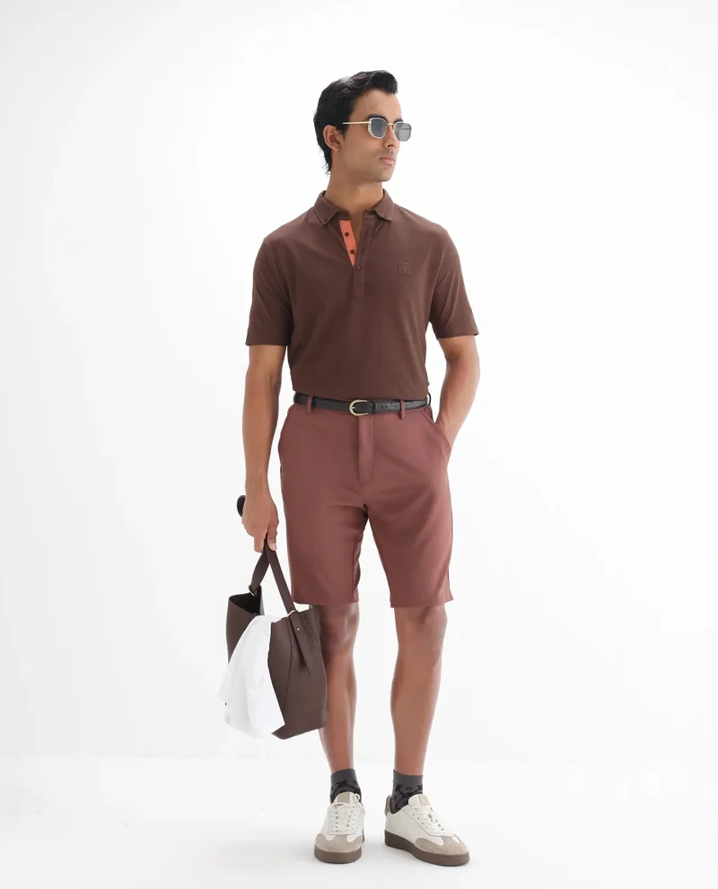 Rare Rabbit Rare Rabbit Men's Herval Dark Brown Cotton Fabric Collared Neck Half Sleeves Polo T-Shirt
