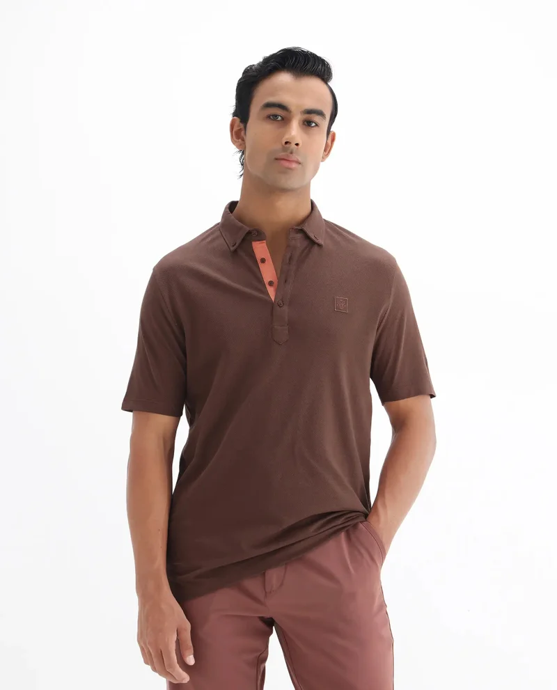 Rare Rabbit Rare Rabbit Men's Herval Dark Brown Cotton Fabric Collared Neck Half Sleeves Polo T-Shirt