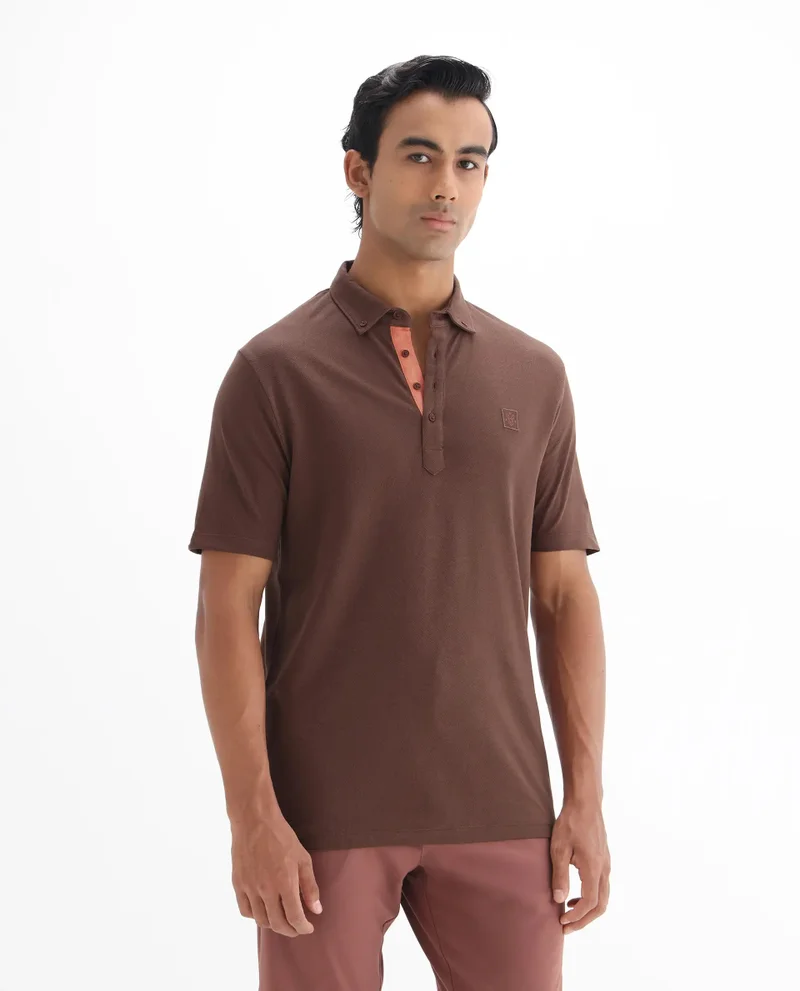 Rare Rabbit Rare Rabbit Men's Herval Dark Brown Cotton Fabric Collared Neck Half Sleeves Polo T-Shirt