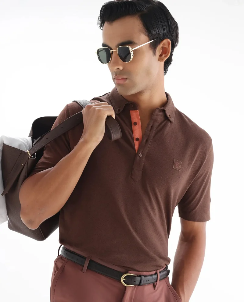 Rare Rabbit Rare Rabbit Men's Herval Dark Brown Cotton Fabric Collared Neck Half Sleeves Polo T-Shirt