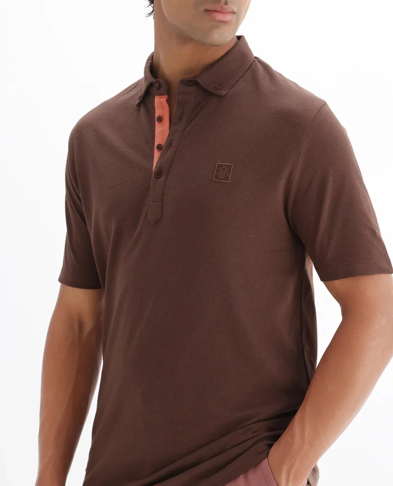 Rare Rabbit Rare Rabbit Men's Herval Dark Brown Cotton Fabric Collared Neck Half Sleeves Polo T-Shirt