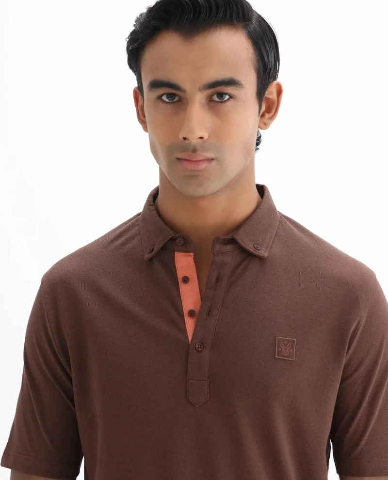 Rare Rabbit Rare Rabbit Men's Herval Dark Brown Cotton Fabric Collared Neck Half Sleeves Polo T-Shirt