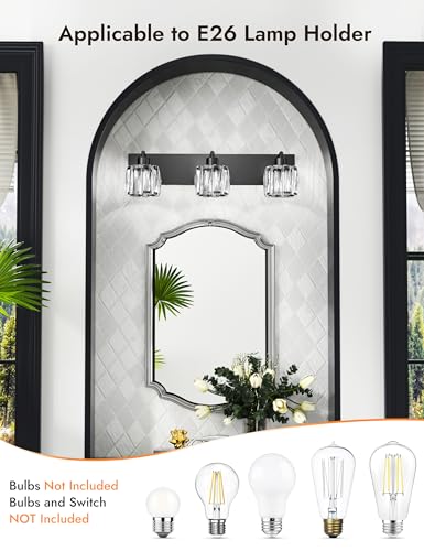 VOLISUN Crystal Vanity Lights for Bathrooms, 3 Light Bathroom Vanity Light, Modern Matte Black Bathroom Light Over Mirror, Black Bathrooms Lights Fixtures-UL Certificated(Exclude Bulb) - Image 3