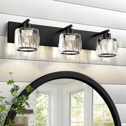VOLISUN Crystal Vanity Lights for Bathrooms, 3 Light Bathroom Vanity Light, Modern Matte Black Bathroom Light Over Mirror, Black Bathrooms Lights Fixtures-UL Certificated(Exclude Bulb) - Image 1