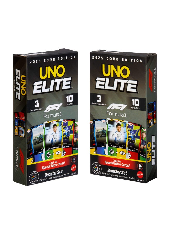 Mattel Games UNO Elite Formula 1 Booster Set 2 Pack with 60 Elite Action Cards, 2025 Core Edition - Image 1