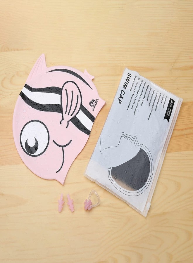 Primalite Swim Caps for Kids- Aged 3-12, Happy Fish Cartoon Design, Silicone Waterproof Comfy Bathing Cap Swimming Hat for Long & Short Hair, Waterproof Stretchy for Children, Boys & Girls- Pink - Image 3