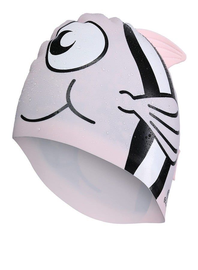 Primalite Swim Caps for Kids- Aged 3-12, Happy Fish Cartoon Design, Silicone Waterproof Comfy Bathing Cap Swimming Hat for Long & Short Hair, Waterproof Stretchy for Children, Boys & Girls- Pink - Image 2