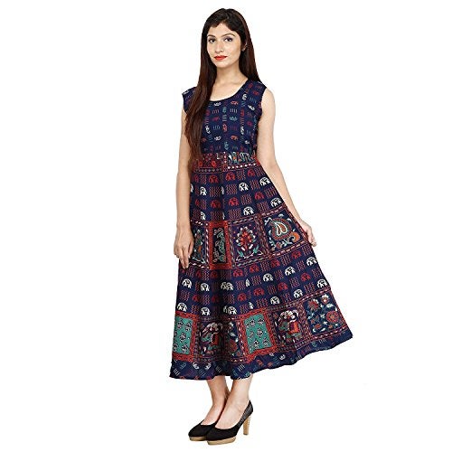 Monique Brand Present Women's 100% Cotton Jaipuri Print Long Midi Casual Style Maxi Dress (Ele-Nb__Free Size_), Blue - Image 1