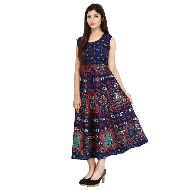 Monique Brand Present Women's 100% Cotton Jaipuri Print Long Midi Casual Style Maxi Dress (Ele-Nb__Free Size_), Blue - Image 4