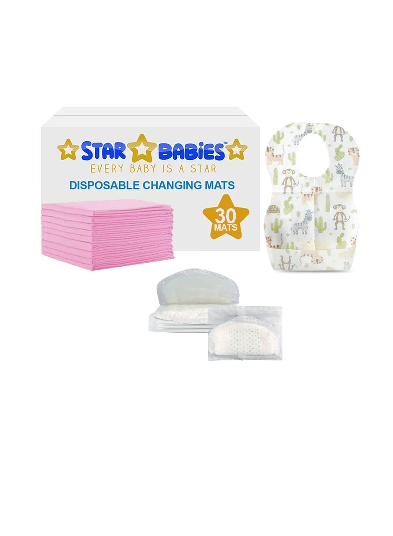 Star Babies Combo Pack (Disposable Changing mat 30pcs, Disposable Bibs 30pcs with Disposable Breast Pad 5pcs) - Pink