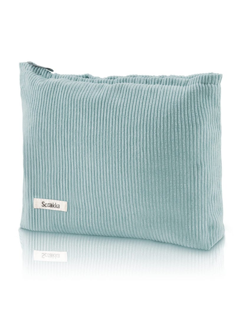 SOLARAE Makeup Bag, Blue Corduroy Toiletry Bag, Portable Travel Makeup Pouch Organiser, Mini Cosmetic Bag for Women Girls (Blue) - Image 1