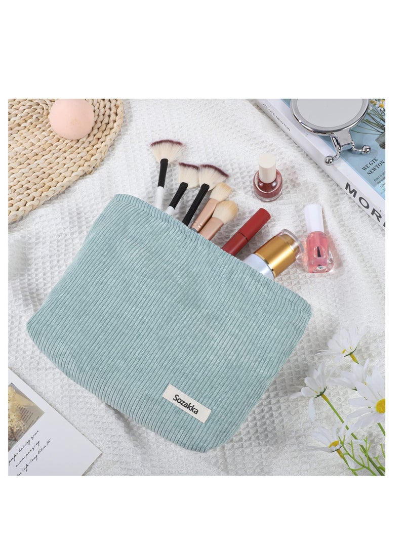 SOLARAE Makeup Bag, Blue Corduroy Toiletry Bag, Portable Travel Makeup Pouch Organiser, Mini Cosmetic Bag for Women Girls (Blue) - Image 3