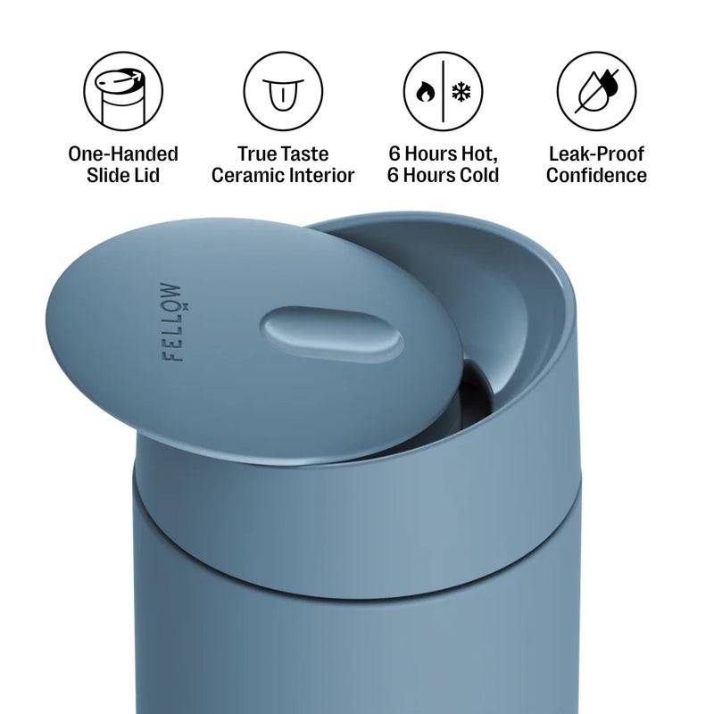 Fellow 12 oz Carter Slide Travel Mug â€“ One-Handed Slide Lid, Vacuum Insulated Stainless Steel Tumbler with Ceramic Interior for Hot and Cold Drinks, Leak-Proof and Dishwasher Safe, Hazy Blue - Image 2
