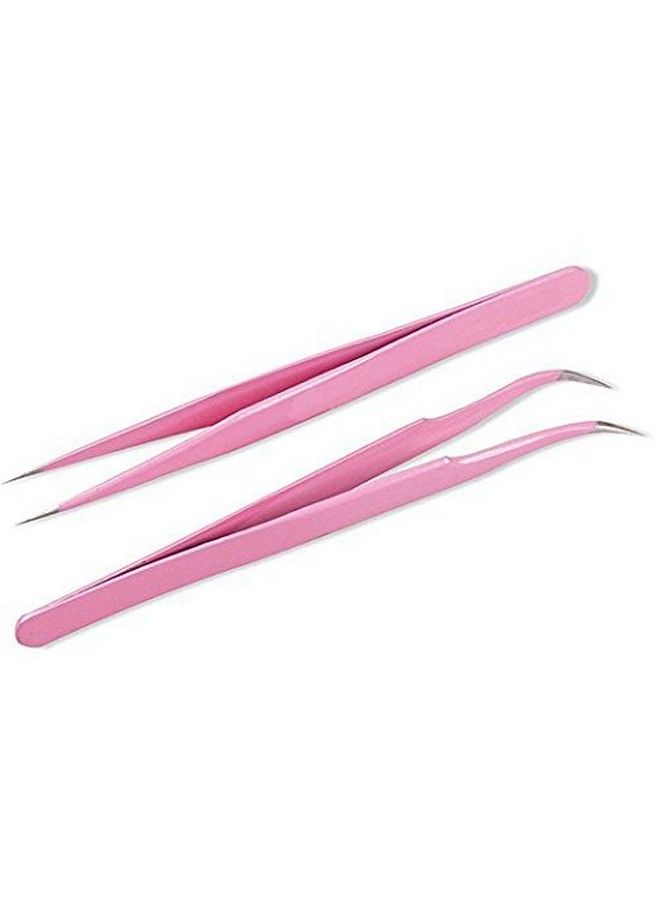 ONWON 2 Pcs Pink Stainless Steel Tweezers For Eyelash Extensions Straight And Curved Tip Tweezers Nippers False Lash Application Tools - Image 2