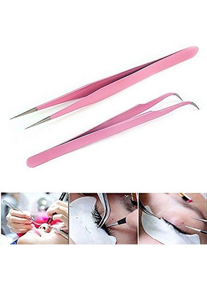 ONWON 2 Pcs Pink Stainless Steel Tweezers For Eyelash Extensions Straight And Curved Tip Tweezers Nippers False Lash Application Tools - Image 3