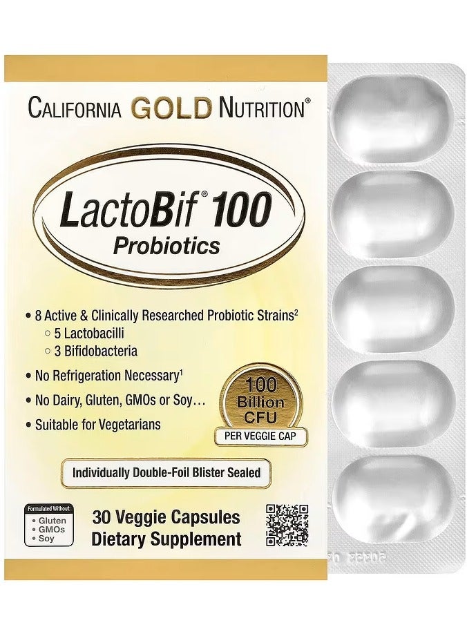 كاليفورنيا غولد نيوترشن بروبيوتيك LactoBif® 100‏، 100 مليار وحدة تشكيل مستعمرة، 30 كبسولة نباتية 