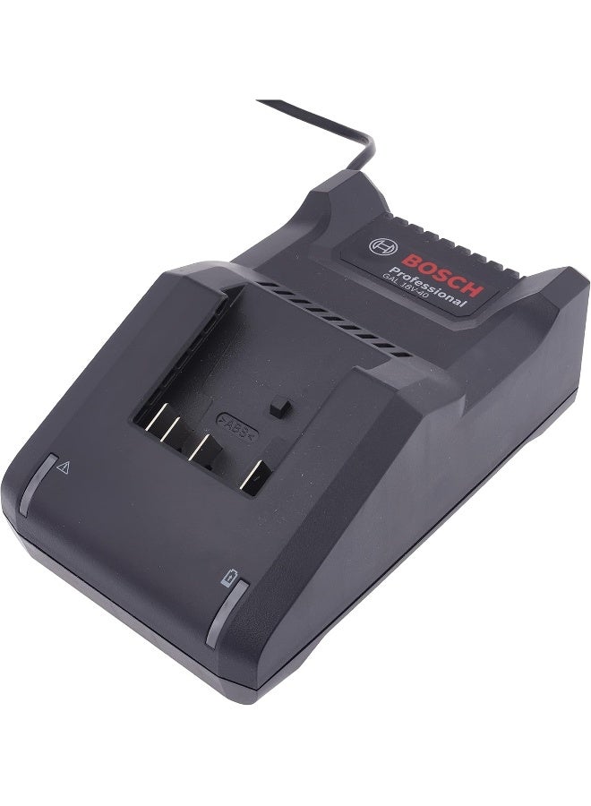 بوش شاحن GAL 18V-40، يشحن بطارية Gba 18V 4.0 Ah بنسبة 100% في 65 دقيقة فقط، وبطارية Gba 18V 2.0 Ah حتى 100% في 35 دقيقة، متوافق مع جميع بطاريات Bosch Professional 18V