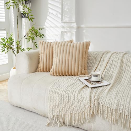 Sunday Praise Beige Striped Boho Throw Pillow Covers 18x18 Inch Set of 2 Faux Fur Plush Farmhouse Decorative Cozy Pillow Cases Soft Fluffy Accent Cushion Cases for Couch Sofa Bed - Image 2