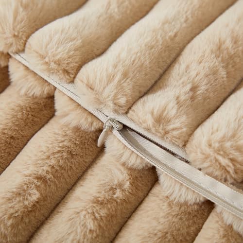 Sunday Praise Beige Striped Boho Throw Pillow Covers 18x18 Inch Set of 2 Faux Fur Plush Farmhouse Decorative Cozy Pillow Cases Soft Fluffy Accent Cushion Cases for Couch Sofa Bed - Image 5