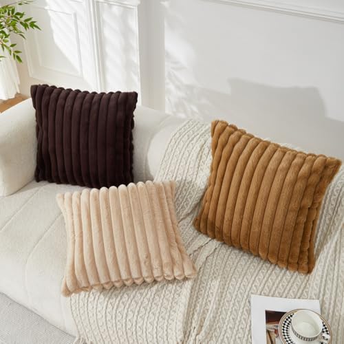 Sunday Praise Beige Striped Boho Throw Pillow Covers 18x18 Inch Set of 2 Faux Fur Plush Farmhouse Decorative Cozy Pillow Cases Soft Fluffy Accent Cushion Cases for Couch Sofa Bed - Image 3