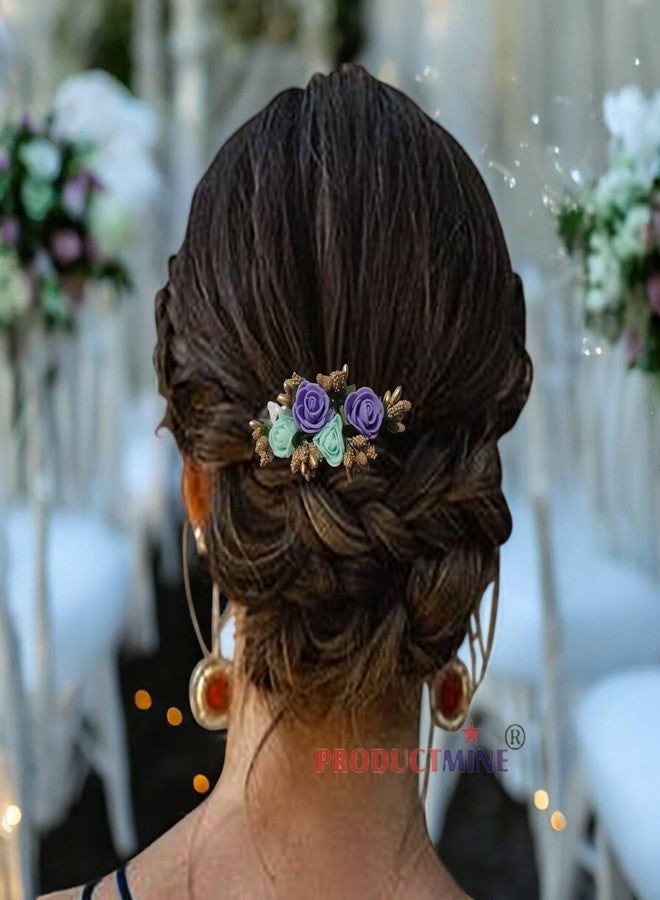 PRODUCTMINE مشط شعر مزين بالزهور من PRODUCTMINE®، إكسسوارات شعر مزينة بالزهور، دبوس شعر مزين بالزهور للنساء والفتيات، دبابيس شعر نسائية لحفلات الزفاف - لون بنفسجي صناعي وأخضر مائي: قطعة واحدة - Image 5