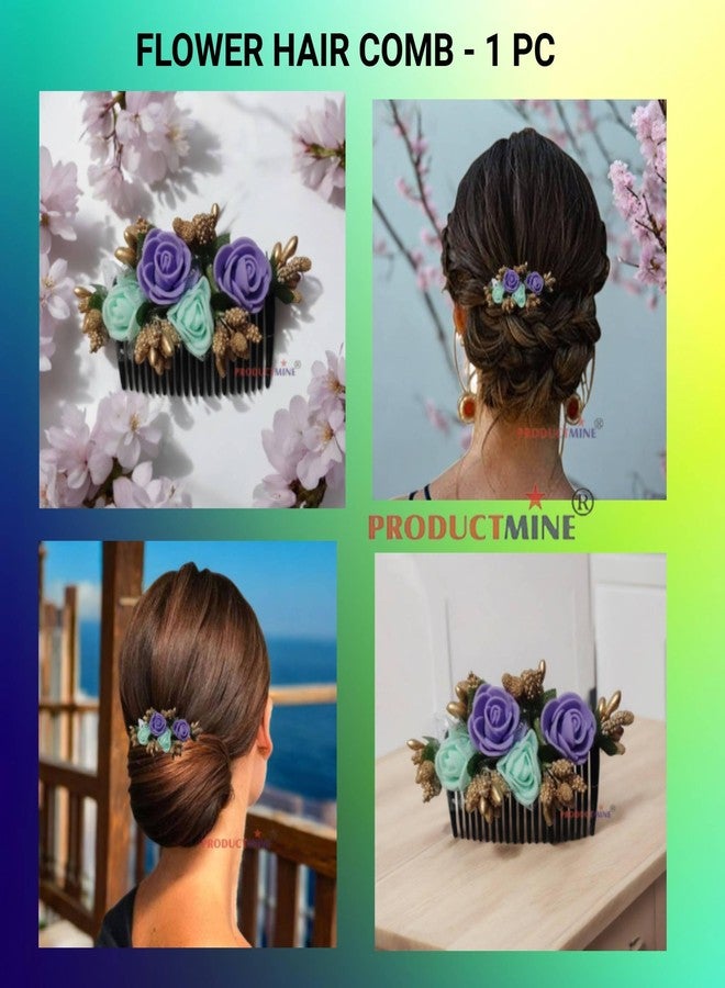 PRODUCTMINE مشط شعر مزين بالزهور من PRODUCTMINE®، إكسسوارات شعر مزينة بالزهور، دبوس شعر مزين بالزهور للنساء والفتيات، دبابيس شعر نسائية لحفلات الزفاف - لون بنفسجي صناعي وأخضر مائي: قطعة واحدة - Image 4