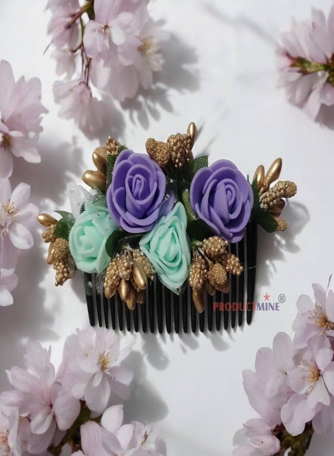 PRODUCTMINE مشط شعر مزين بالزهور من PRODUCTMINE®، إكسسوارات شعر مزينة بالزهور، دبوس شعر مزين بالزهور للنساء والفتيات، دبابيس شعر نسائية لحفلات الزفاف - لون بنفسجي صناعي وأخضر مائي: قطعة واحدة - Image 2