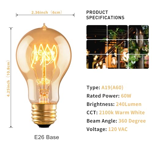 runquiz Warm Incandescent Light Bulbs 60 WattA19A60 Vintage Style Edison Bulbs E26Soft Yellow Light BulbsAmber BulbsRetro Light Bulb Old FashionedHalogen Dimmable Edison Bulb Squirrel Cage - Image 3