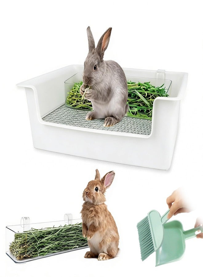 Dmnnlp Stainless Steel Gird Rabbit Litter Box, Low Entry Bunny Litter Pan with Hay Feeder & Broom, Corner Potty Tray for Small Animals Rabbits Guinea Pigs Ferrets, 15.4x11.2x4.8 inch (White) - Image 1