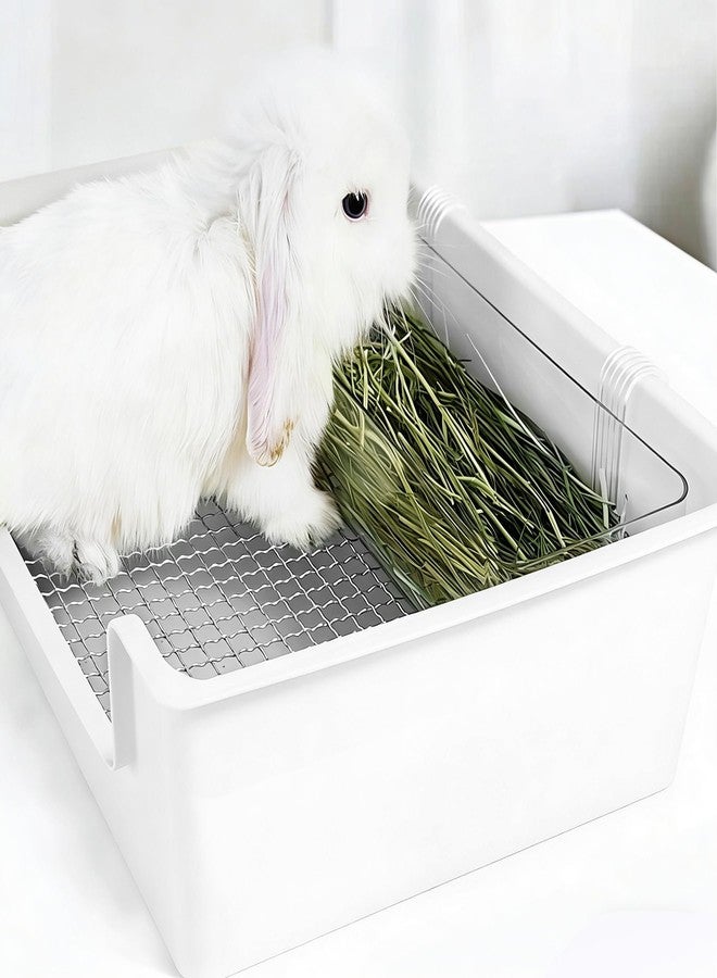 Dmnnlp Stainless Steel Gird Rabbit Litter Box, Low Entry Bunny Litter Pan with Hay Feeder & Broom, Corner Potty Tray for Small Animals Rabbits Guinea Pigs Ferrets, 15.4x11.2x4.8 inch (White) - Image 4