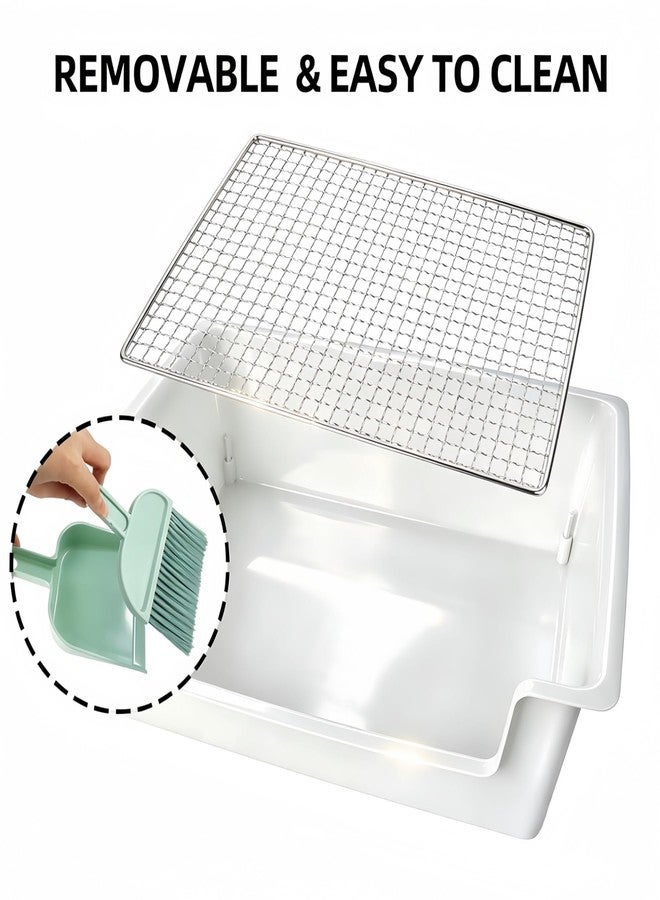 Dmnnlp Stainless Steel Gird Rabbit Litter Box, Low Entry Bunny Litter Pan with Hay Feeder & Broom, Corner Potty Tray for Small Animals Rabbits Guinea Pigs Ferrets, 15.4x11.2x4.8 inch (White) - Image 3