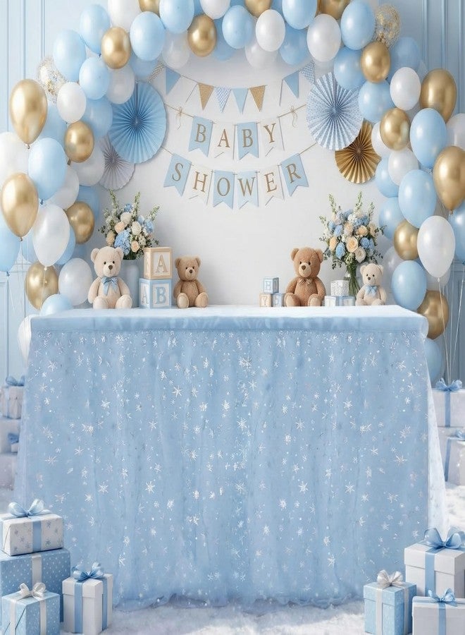 Oudain 6ft Baby Blue Table Skirt for Baby Shower Boy Light Blue Tulle Table Cloth for Rectangle or Round Snowflake Tables Skirts Boys Gender Reveal Birthday Party Decorations - Image 1