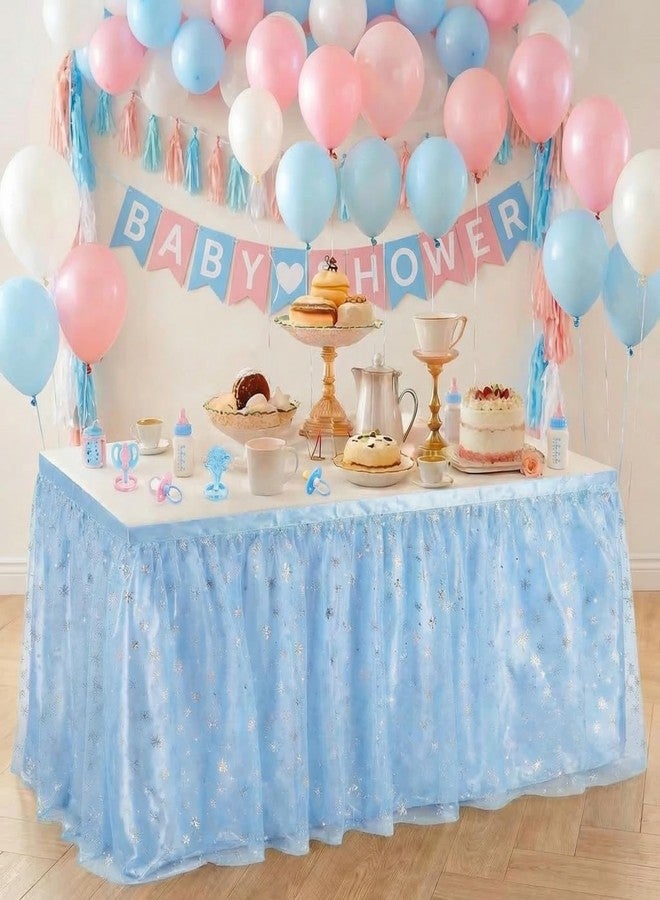 Oudain 6ft Baby Blue Table Skirt for Baby Shower Boy Light Blue Tulle Table Cloth for Rectangle or Round Snowflake Tables Skirts Boys Gender Reveal Birthday Party Decorations - Image 4