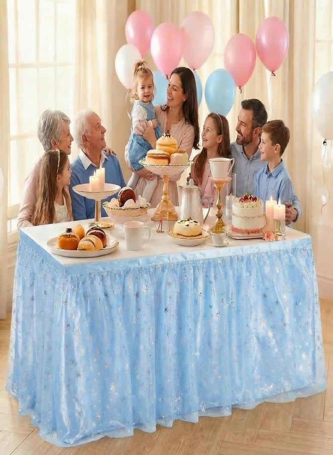 Oudain 6ft Baby Blue Table Skirt for Baby Shower Boy Light Blue Tulle Table Cloth for Rectangle or Round Snowflake Tables Skirts Boys Gender Reveal Birthday Party Decorations - Image 5