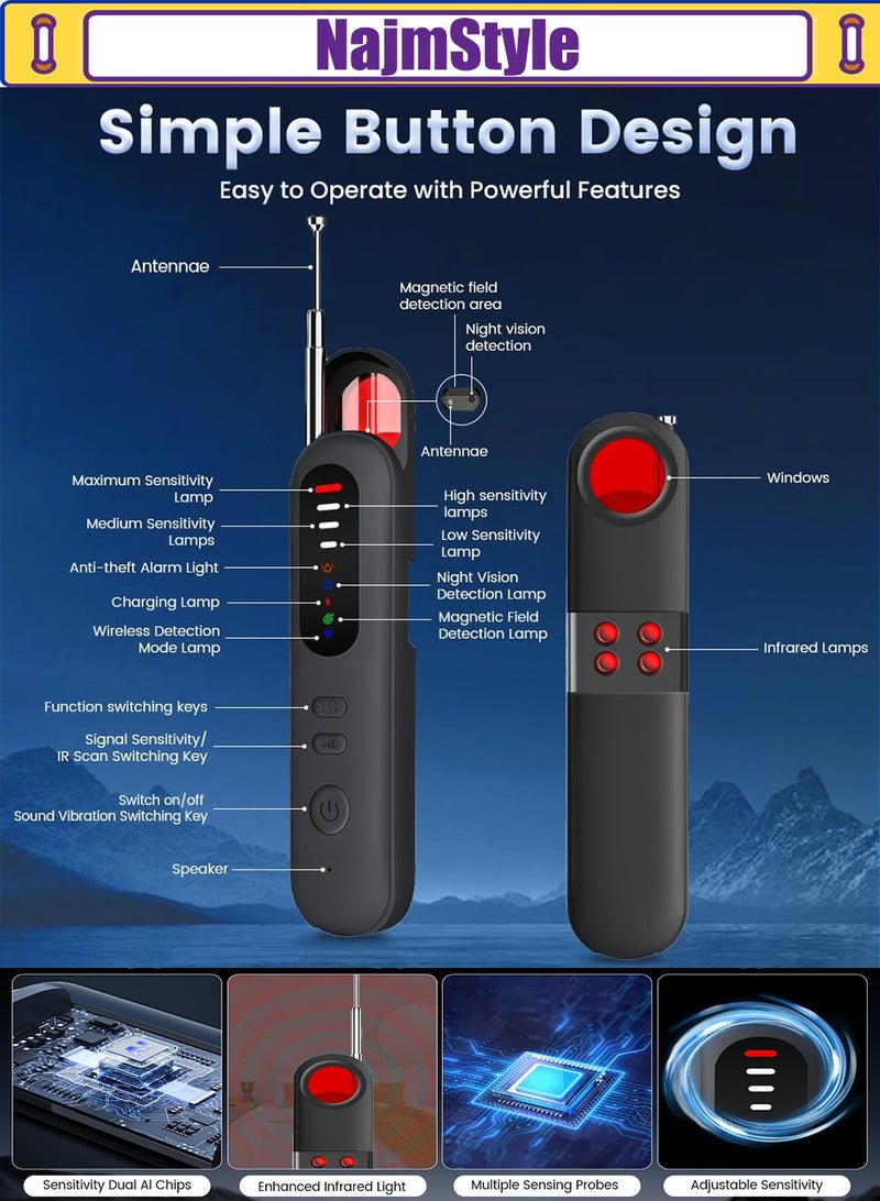 NajmStyle Hidden Camera Detectors, Bug Detector with Vibration Sound Alarm, Anti Spy for Listening Device-6 Levels Sensitivity - Image 4