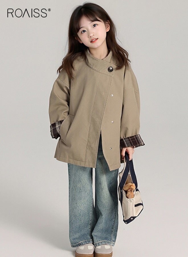 roaiss Girls Stylish Trench Coat, Mid-length Overcoat with 2 Side Pockets, Button Down Jacket with Stand Collar, Classic Retro Windbreaker for Girls, Suitable for Daily Wear and Outdoor Activities - Image 1