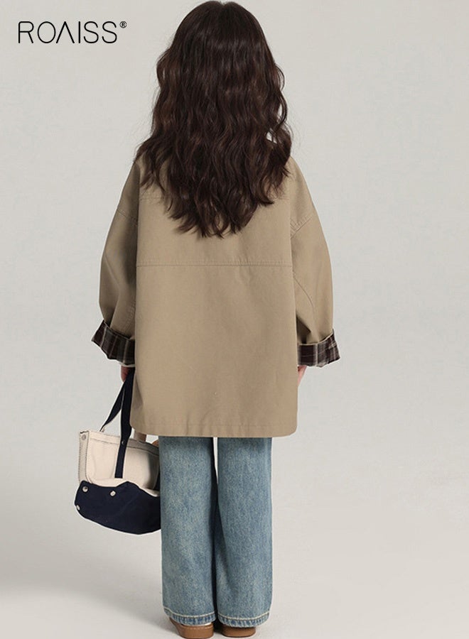 roaiss Girls Stylish Trench Coat, Mid-length Overcoat with 2 Side Pockets, Button Down Jacket with Stand Collar, Classic Retro Windbreaker for Girls, Suitable for Daily Wear and Outdoor Activities - Image 2