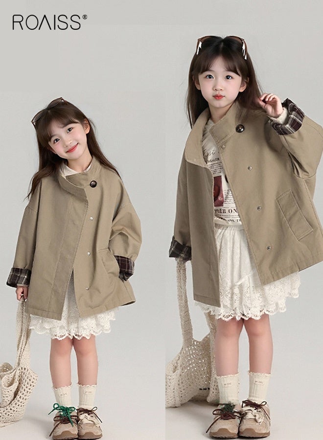 roaiss Girls Stylish Trench Coat, Mid-length Overcoat with 2 Side Pockets, Button Down Jacket with Stand Collar, Classic Retro Windbreaker for Girls, Suitable for Daily Wear and Outdoor Activities - Image 3