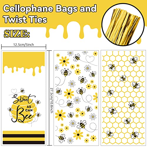 Whaline 150Pcs Spring Bee Party Cello Bags 3 Design Honey Bee Cellophane Bags with Gold Twist Tie Cute Plastic Party Candy Goodie Treat Bags for Birthday Baby Shower Party Favor Supplies - Image 5