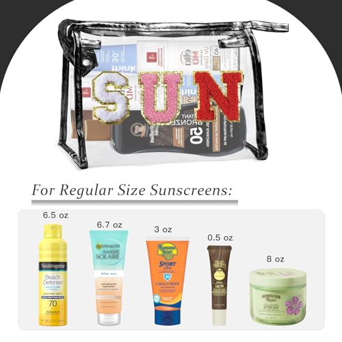 COSHAYSOO Clear Makeup Bag Toiletry Sunscreen Pouch Waterproof Summer Beach Vacation Essentials Airplane Cruise Travel Stuff Small Purse for Women Teenager Girls with Chenille Letter Black SUN - Image 4