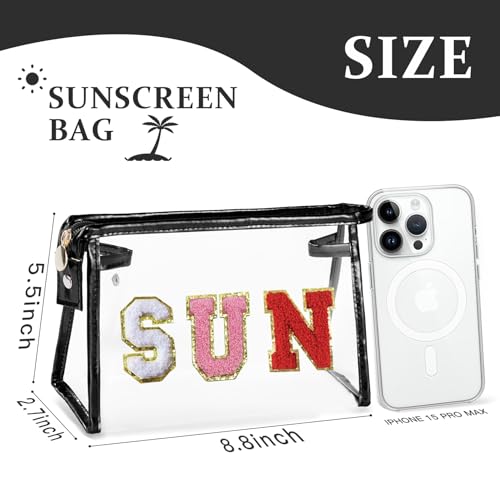 COSHAYSOO Clear Makeup Bag Toiletry Sunscreen Pouch Waterproof Summer Beach Vacation Essentials Airplane Cruise Travel Stuff Small Purse for Women Teenager Girls with Chenille Letter Black SUN - Image 2