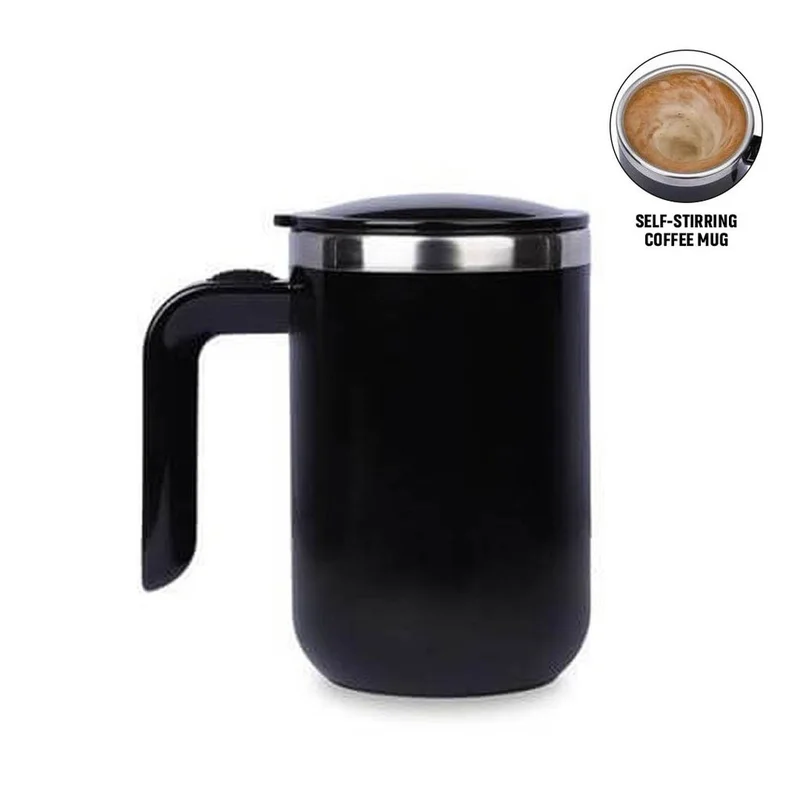 هانز لارسن Hans Larsen CAFFE Auto-Stirring Coffee Mug – 400 ml Stainless Steel Inner Wall, Durable Outer Shell, One-Button Self-Stirring Travel Mug with Included AAA Batteries (Black)
