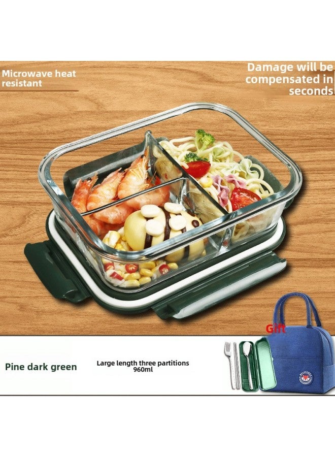 Glass Lunch Box Lunch Box Office Student Separated Microwave Heating Special Bowl Insulation Lunch Box Fresh-keeping Box-Specifications:Dark Green Large Length 3 Partition Fresh-keeping Box + Bag + Stainless Steel Tableware  - Image 1
