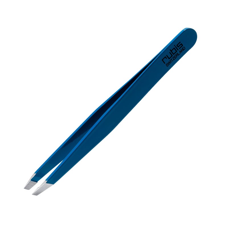 Rubis Classic Stainless Steel Slanted Tweezers for Precise Eyebrows and Hair Removal, 1K109, Made in Switzerland, Blue - Image 1