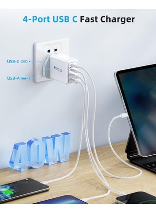 USB C Plug, 40W 4-Port Fast Charger Plug Dual Port PD Power Adapter +QC Multi Mains Wall Charger Type C Charging Plug for iPhone 16 15 14 13 12 11 Pro Max Plus XS XR SE,Samsung, iPad, AirPods - view 3