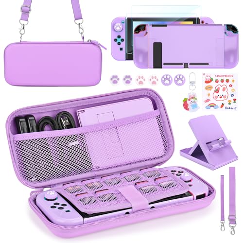 Younik Switch Accessories Bundle, 17 in 1 Purple Switch Accessories Kit for Girls Include Switch Carrying Case, Adjustable Stand, Protective Case for Switch Console & J-Con - Image 1