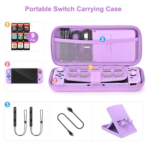 Younik Switch Accessories Bundle, 17 in 1 Purple Switch Accessories Kit for Girls Include Switch Carrying Case, Adjustable Stand, Protective Case for Switch Console & J-Con - Image 2