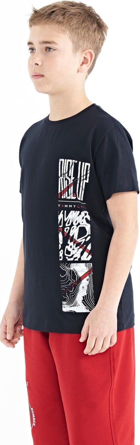 Tommy Life Navy Blue Printed Detailed O Neck Standard Pattern Boy T-Shirt - 11104 - Image 5