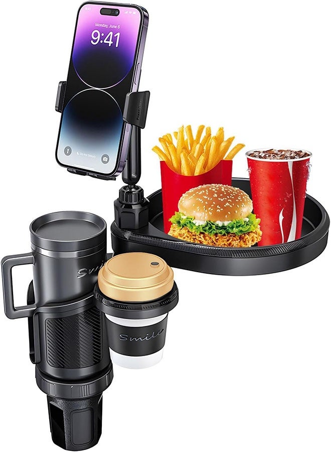 صينية حامل أكواب للسيارة، حامل هاتف قابل للتعديل مع صينية طعام 4 في 1 قابل للدوران ومتوافق مع معظم المركبات - مثالي للرحلات البرية وسائقي الشاحنات، أسود - Image 1