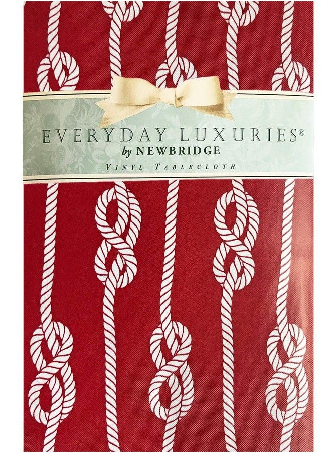 Newbridge - Nautical Rope Stripe Vinyl Flannel Backed Tablecloth Coastal Rope Striped Indoor/Outdoor Vinyl Picnic Bbq And Dining Tablecloth 70” Round Red - Image 1